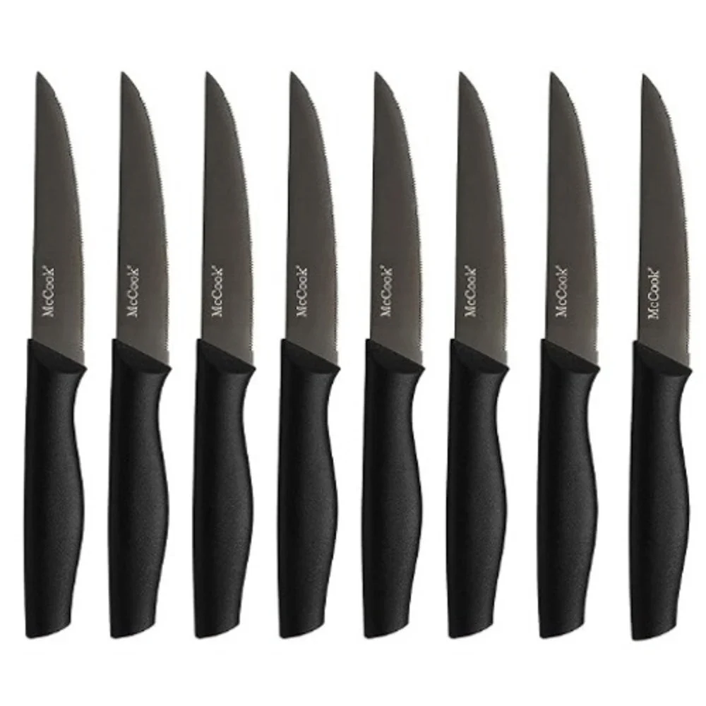 McCook Steak Knives Set MC58 8pc Black New Serrated Stainless Steel
